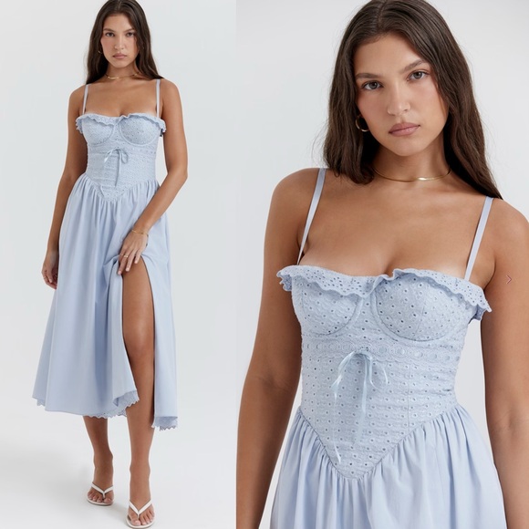 House of CB Jaime soft blue cotton broderie Anglais midi sundress - Picture 7 of 16